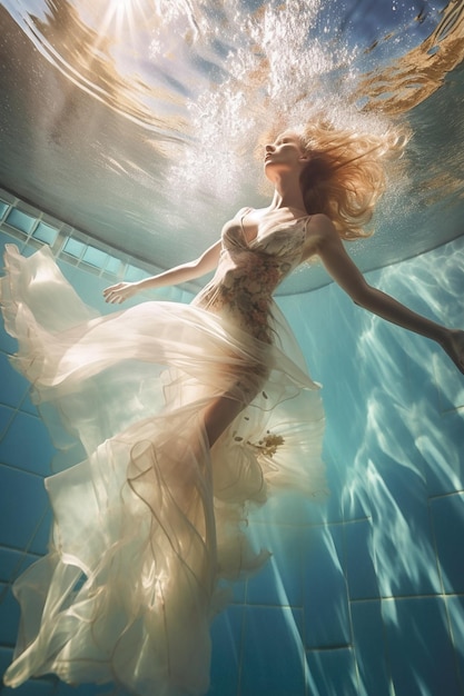 A woman in a wedding dress is floating in a pool with the sun shining on her dress.