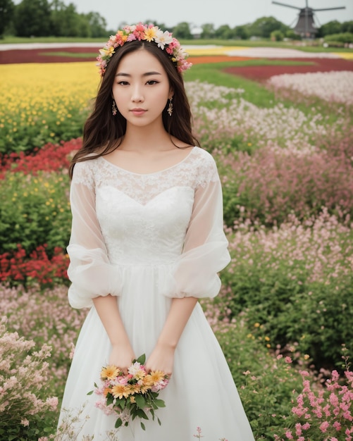 A woman in a wedding dress is holding a bouquet of flowers.