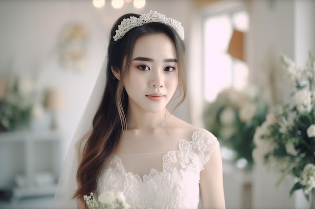 A woman in a wedding dress is standing in a room with a white tablecloth and a white tablecloth.