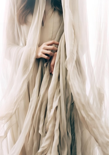 женщина в свадебном платье нейтральные шелковые шторы на белом фоне фото в стиле Лоры Макабреску многослойная абстракция госсемер ткани fujifilm xt4 крупный план ai генеративное искусство