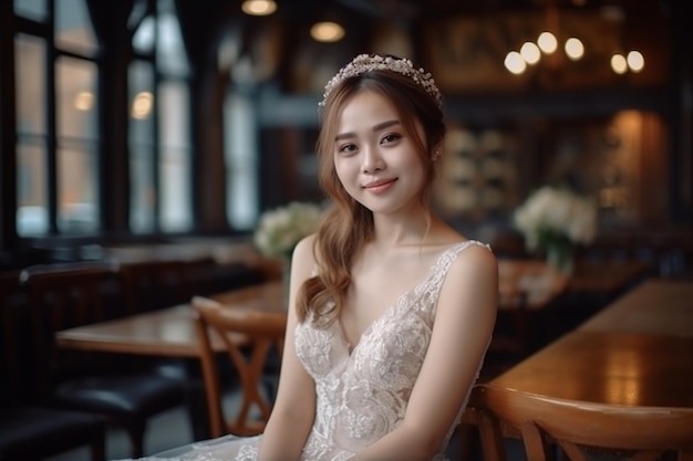 A woman in a wedding dress sits in a restaurant