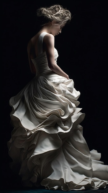 A woman in a wedding dress stands in the dark with her back to the camera.