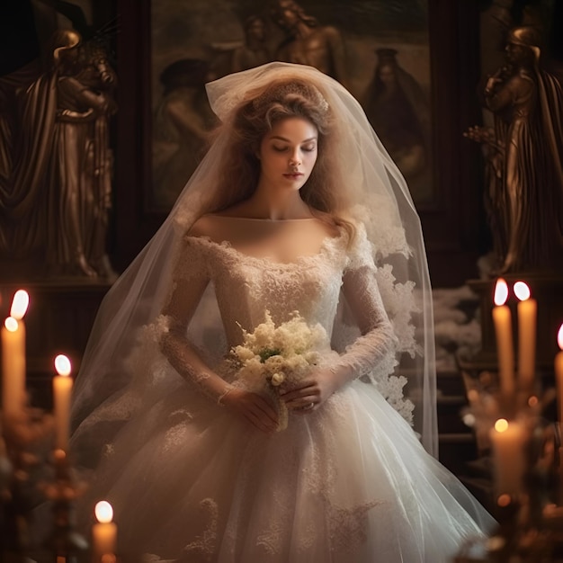 A woman in a wedding dress stands in front of a painting of a candle.