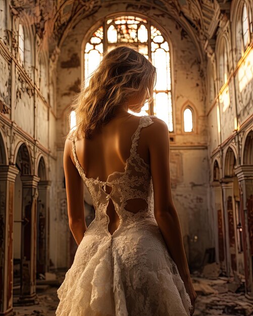 a woman in a wedding dress stands in front of a window