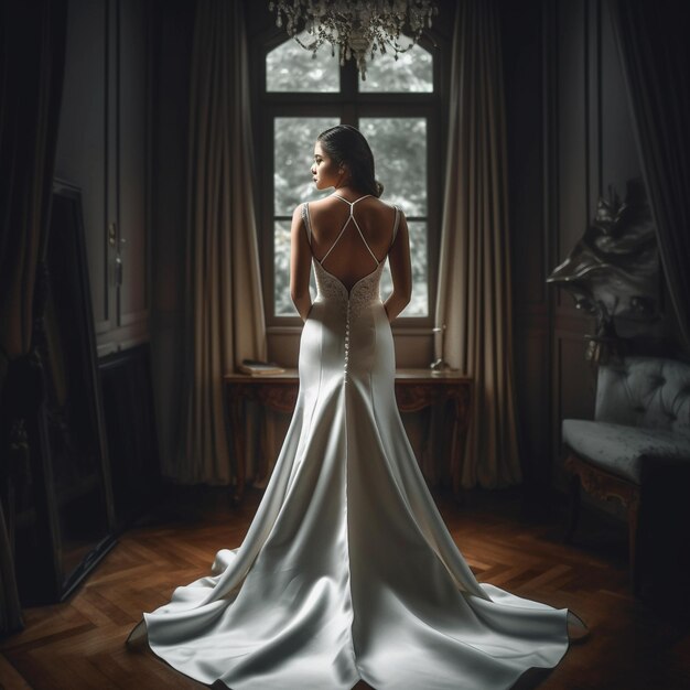 Foto una donna in abito da sposa si trova davanti a una finestra.