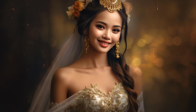 A woman in a wedding dress with a gold background