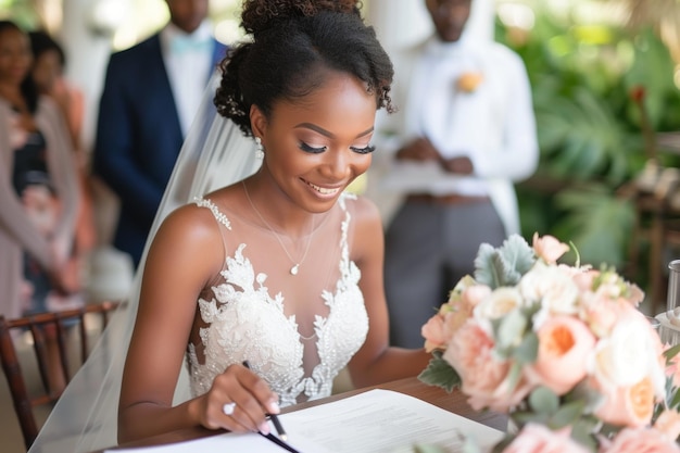 Woman in Wedding Dress Writing on a Piece of Paper