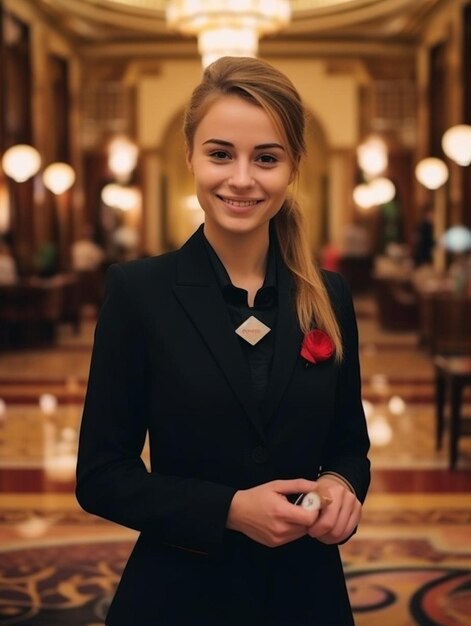 Photo woman welcoming hotel guests in lobby providing excellent luxury service to people at resort