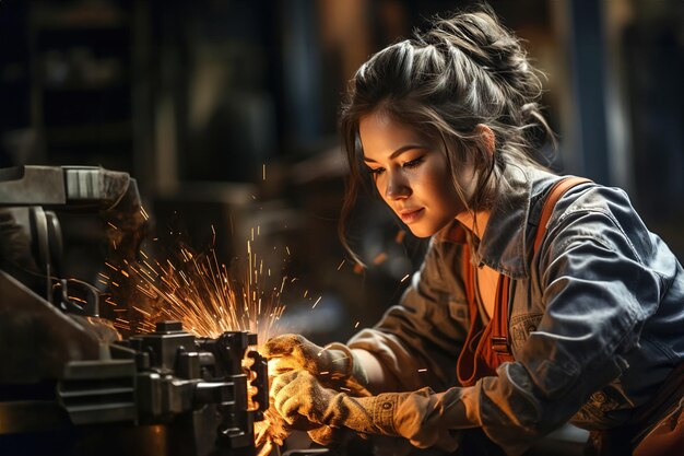 A woman welds a piece of metal on machine in factory