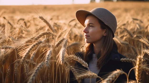 A woman in a wheat field looking at the sky