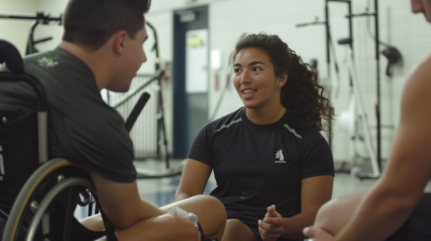 Photo a woman in a wheelchair engaged in conversation with a man at a gym surrounded by gym equipment