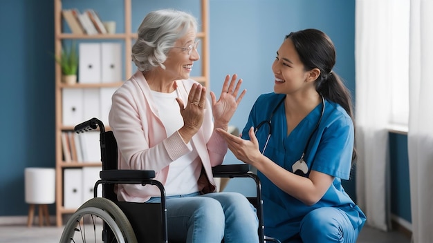 Woman on wheelchair having fun with nurse