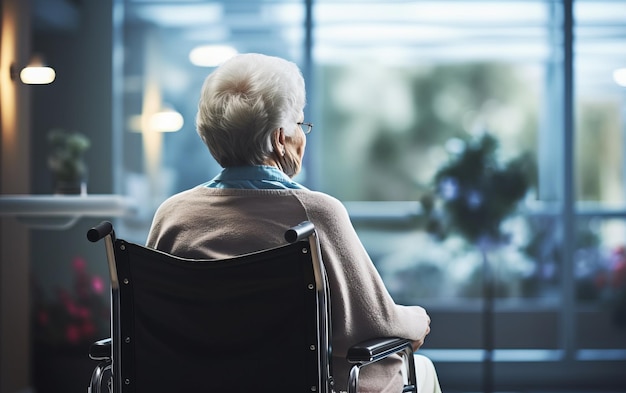 A woman in a wheelchair navigating a hospital hallway