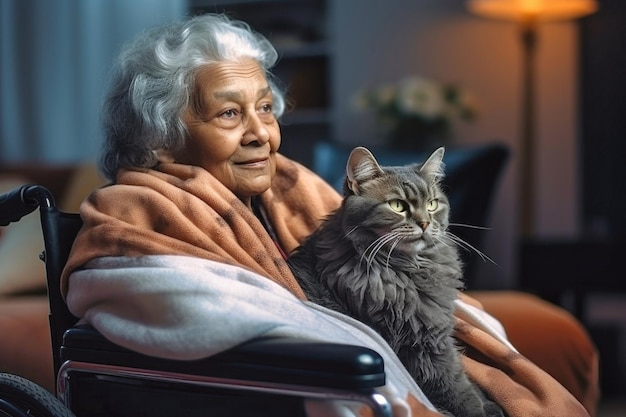 Photo woman in wheelchair petting cat