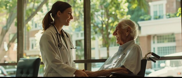 Photo a woman in a wheelchair shaking hands with a nurse