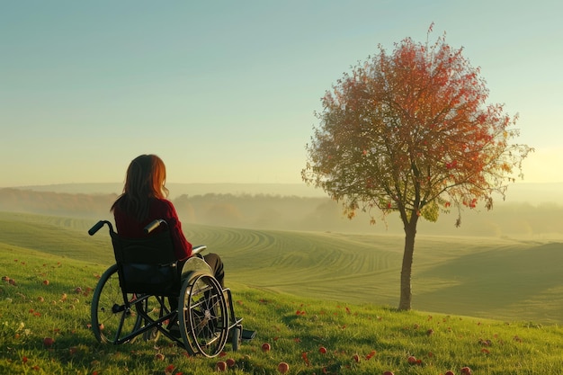 Foto donna in sedia a rotelle seduta su una collina