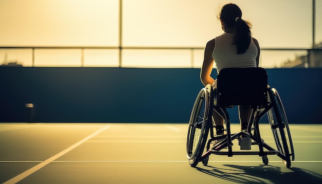 Женщина в инвалидном кресле в спортивной форме на теннисном корте