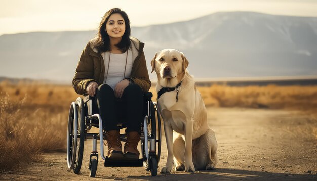 Foto donna in sedia a rotelle che cammina con il cane nel parco