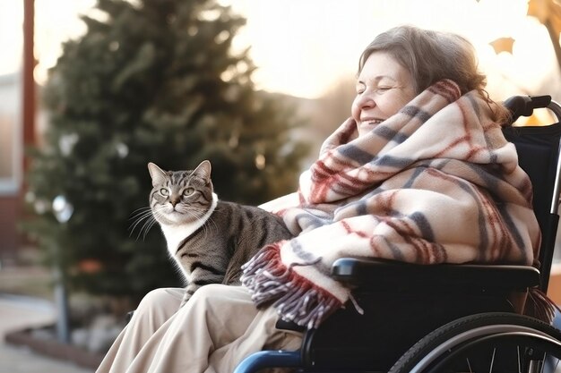 猫と車椅子に乗った女性の写真