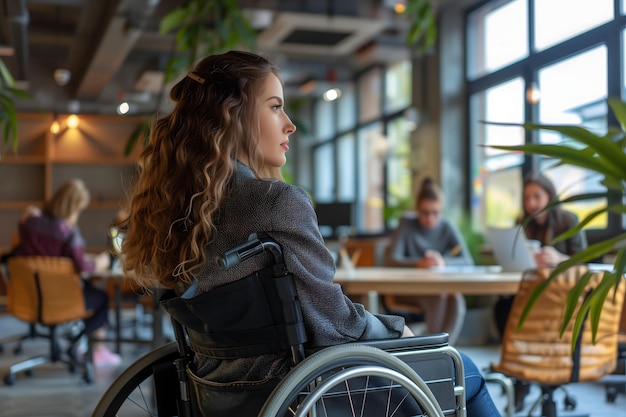 Photo woman in a wheelchair at work in the office