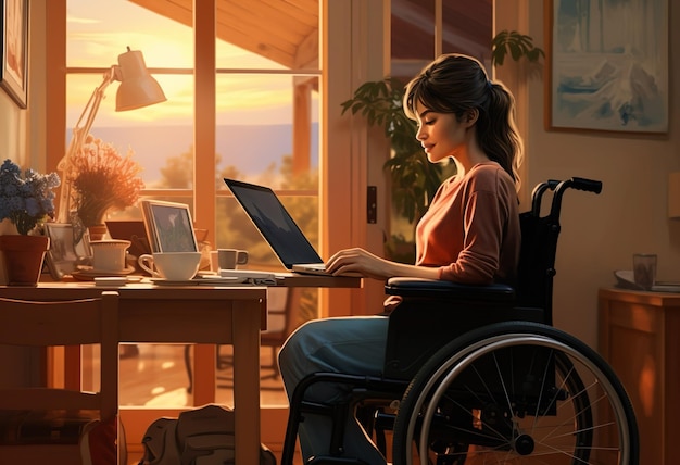 自宅でコンピューターで働く車椅子に乗った女性