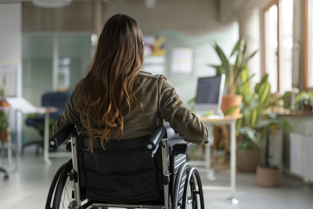 Woman on wheelchair working in an office Generative AI