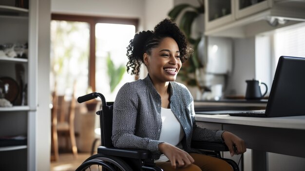 Photo woman in a wheelchair works from her home office