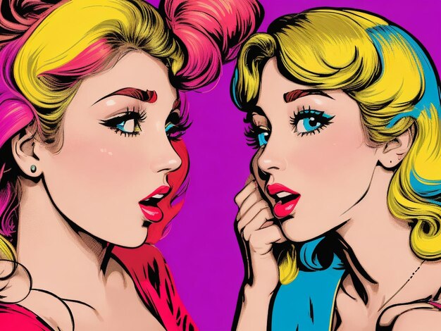 Woman whispering gossip or secret to her friend Colorful vector illustration in pop art retro