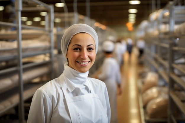 キッチンでパンを生産する施設に立っている白いエプロンを着た女性