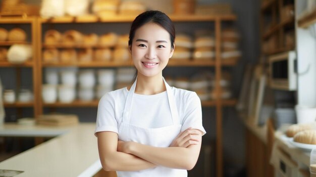 白いエプロンを着た女性がパン屋の前に立っています