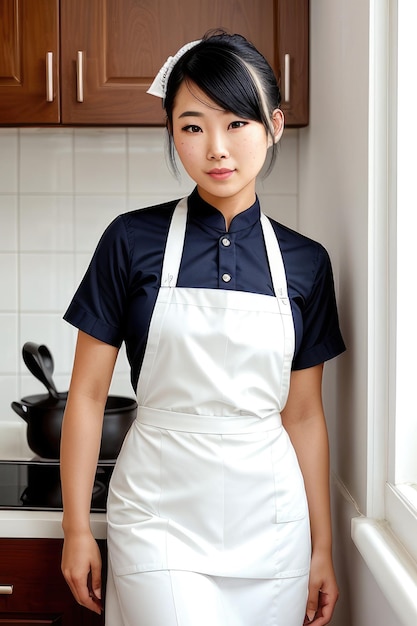 A woman in a white apron stands in front of a window with a pan of pan on the wall.