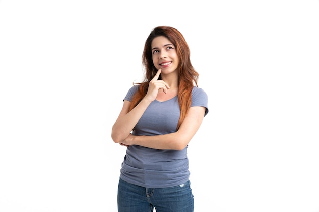 Woman on white background thinking