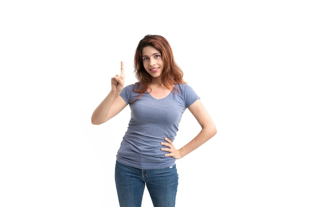 Woman on white background with finger up