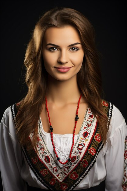 Photo a woman in a white blouse and red necklace