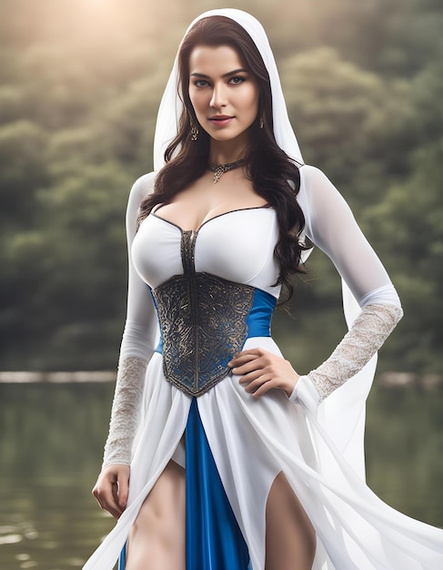 a woman in a white and blue costume is posing in front of a lake