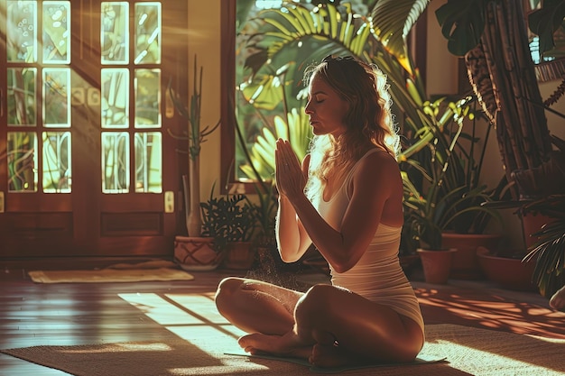 Photo a woman in a white bodysuit sitting on a yoga mat