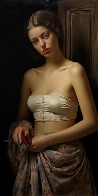 a woman in a white bra holds a glass with a red rose in it.