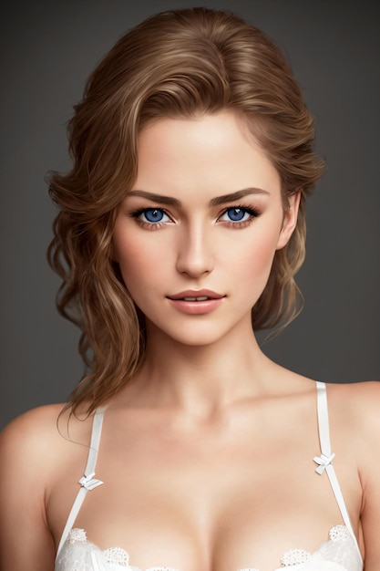 A woman in a white bra with blue eyes