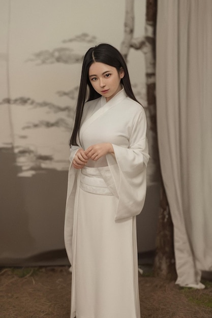 A woman in a white chinese dress with long black hair stands in a room with a tree in the background.