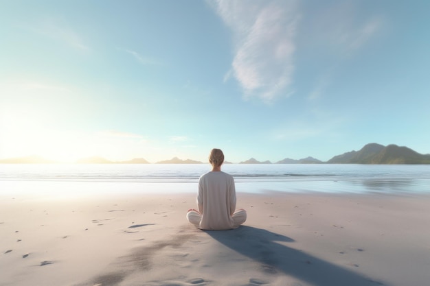 Woman in White Clothes Sitting Near the Sea Yoga and Relaxing with Seaview Generative AI