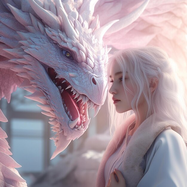 Photo a woman in a white coat and a dragon with the mouth open.