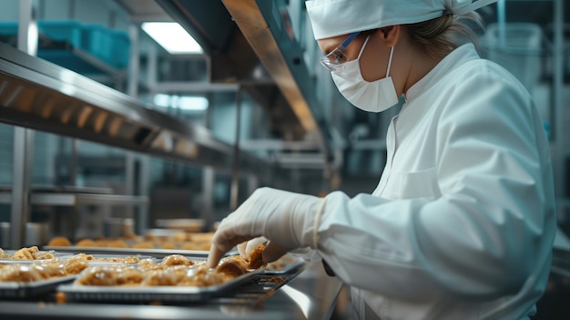 Photo woman in white coat and face mask preparing food