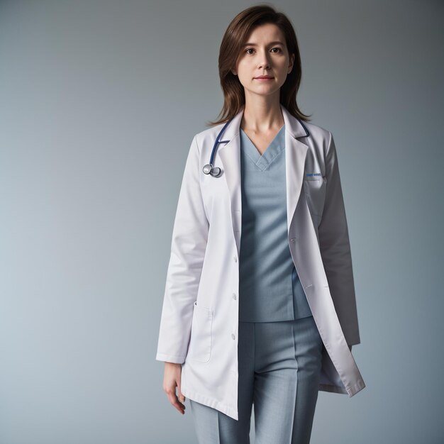 Photo a woman in a white coat and grey pants