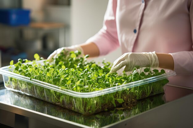 Foto una donna con un cappotto bianco è impegnata nella coltivazione di micro-verdure produzione di alimenti naturali e sani