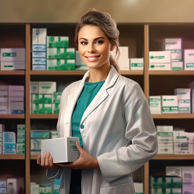 a woman in a white coat is holding a box of medical supplies