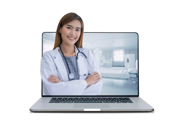 A woman in a white coat is on a laptop screen with a doctor on it.