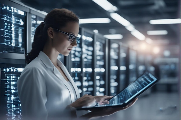 a woman in a white coat is using a laptop in a large room with many rows of computers.