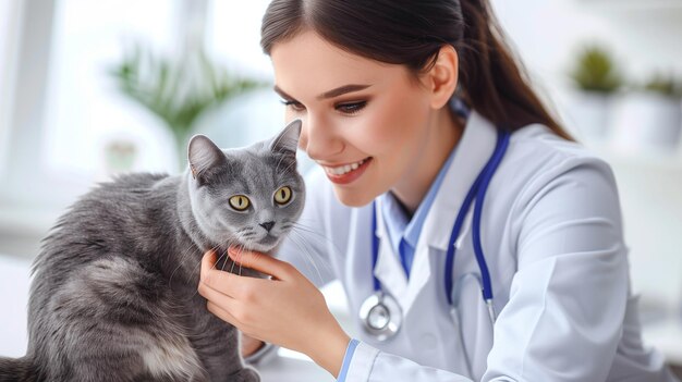 Woman in White Coat Petting Gray Cat Generative AI