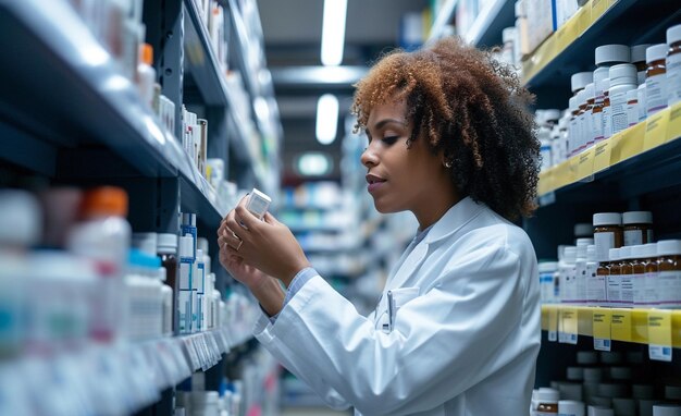 Foto donna in cappotto bianco che prende pillole dagli scaffali