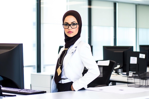 A woman in a white coat stands in front of a computer.